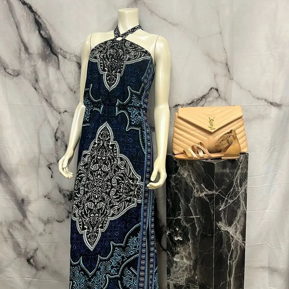 *White House black market dress blue print halter maxi